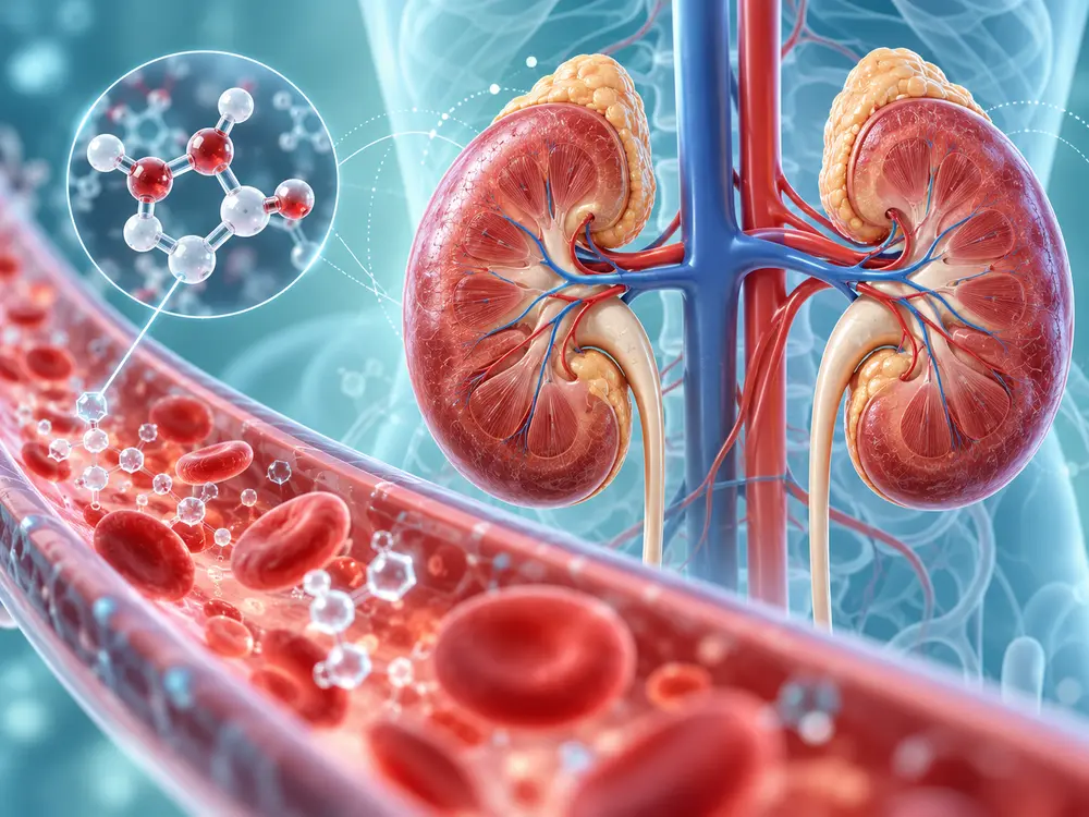 Medical illustration connecting blood glucose and kidney health