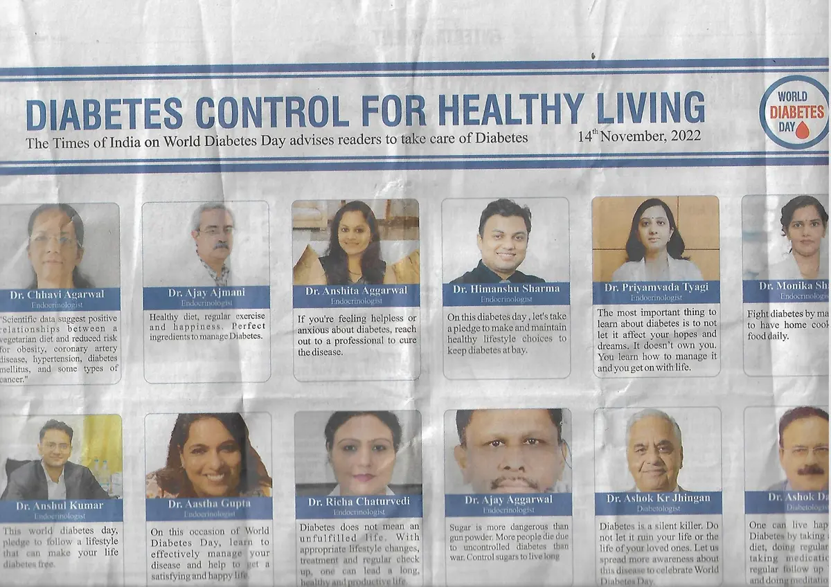 Dr. Himanshu Sharma featured in a Times of India World Diabetes Day awareness article